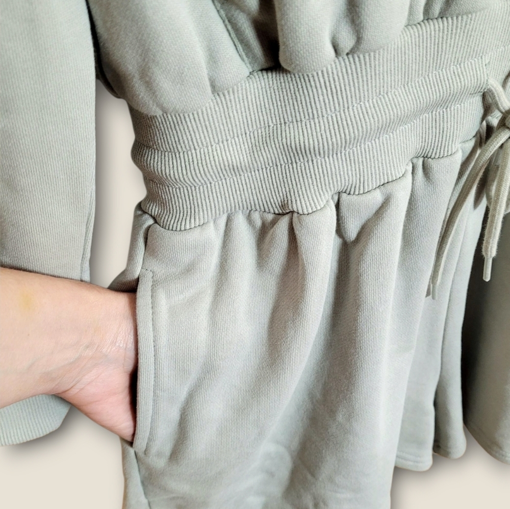 NWT MABLE French Terry Long Sleeve V-Neck Hooded Drawstring Waist Sage Romper M - Picture 6 of 14
